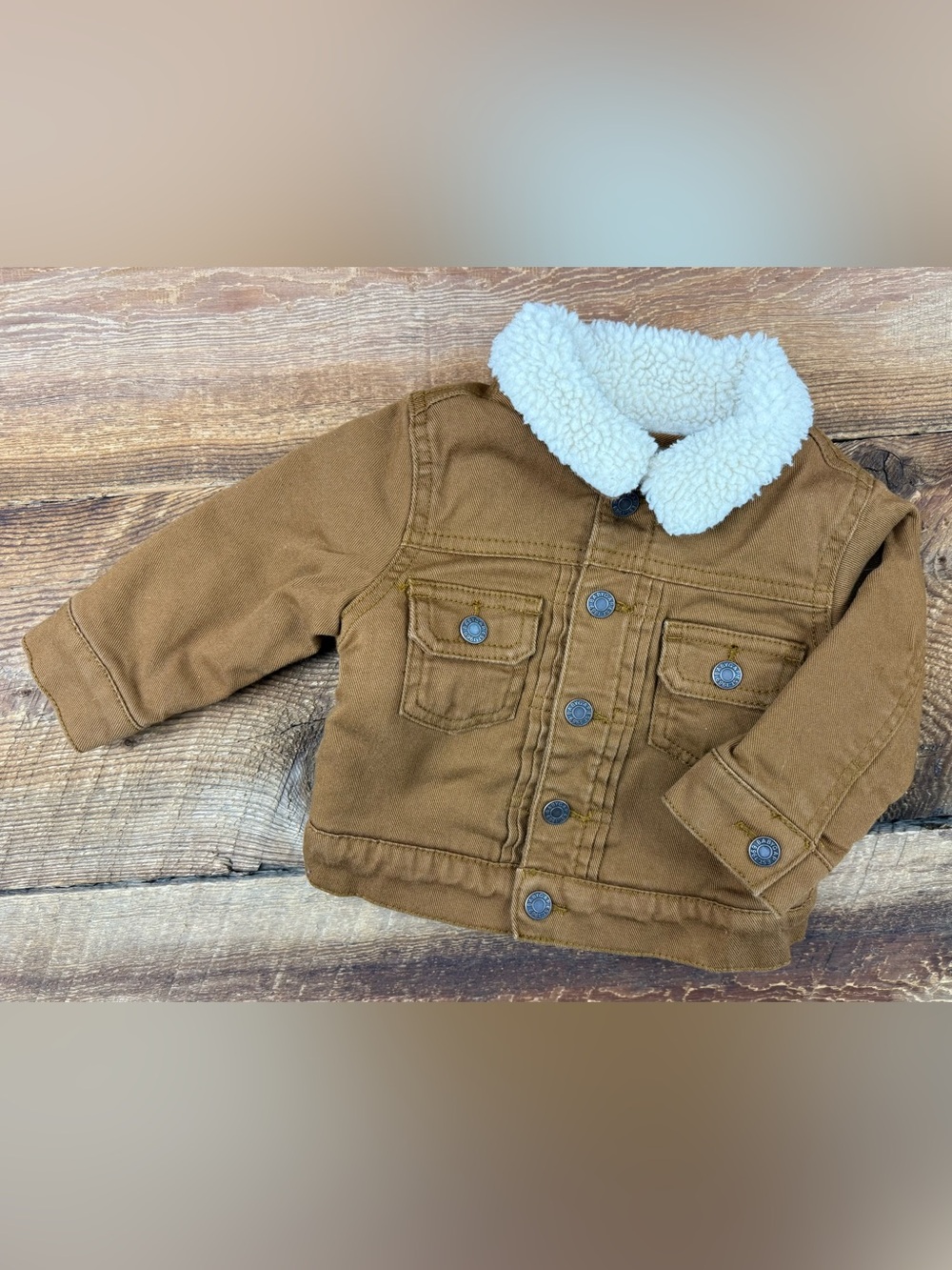 GAP Kids Tan Jean Jacket with Cream Sherpa Collar